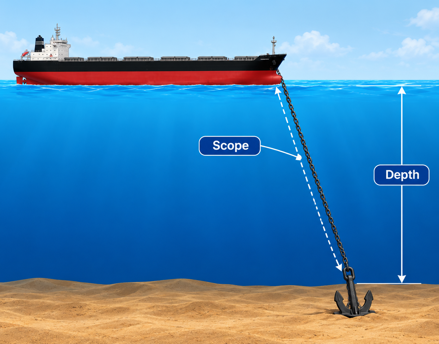 Ship anchor cable scope and water depth diagram